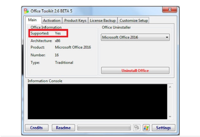 Mục Support hiển thị từ Yes có nghĩa phần mềm Office đã được hỗ trợ Active