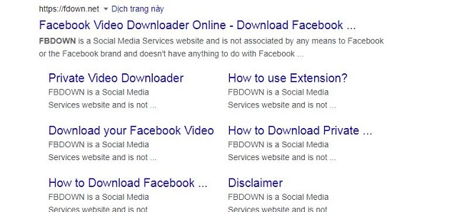 Trang fbdown.net trên trình duyệt