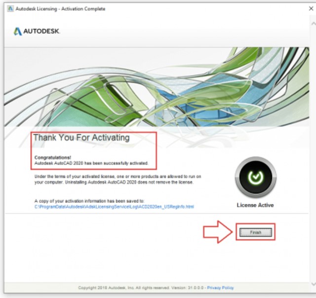 Nhấn Finish để hoàn tất quá trình kích hoạt phần mềm AutoCAD 2020