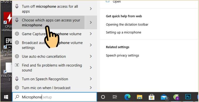 Nhập vào thanh tìm kiếm Microphone sau đó chọn “Choose which apps can acccess your microphone”