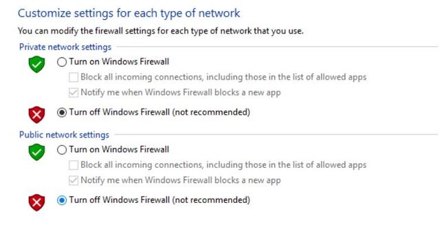 Click chọn vào mục Turn off the Windows Firewall để tắt cho cả Public và Private