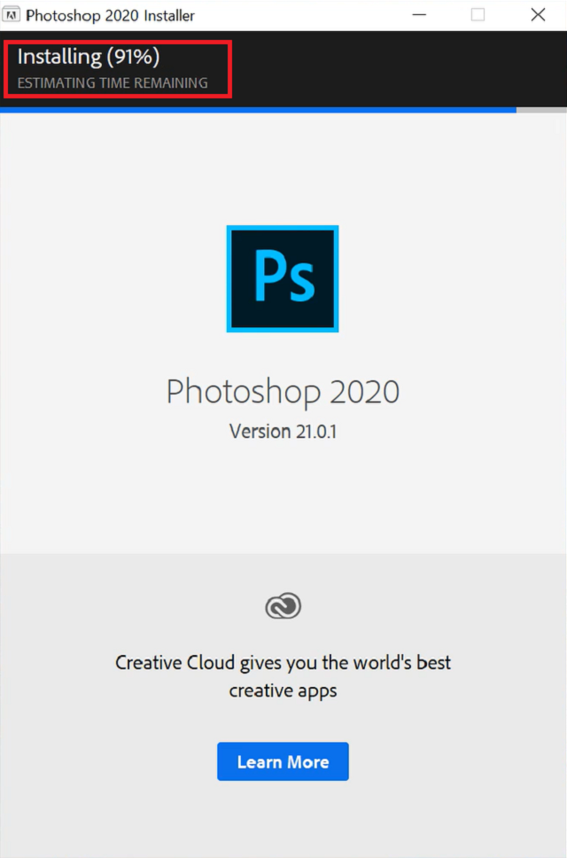 Bước 4: Phần mềm Photoshop 2020 đang được cài đặt