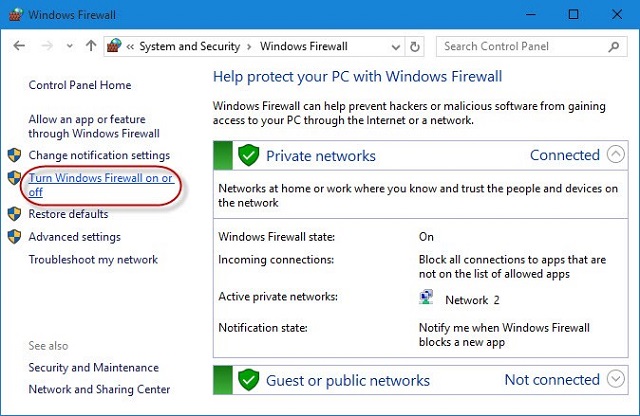 Cách tắt phần mềm diệt virus Firewall - Giao diện “Turn Window Defender Firewall on or off”