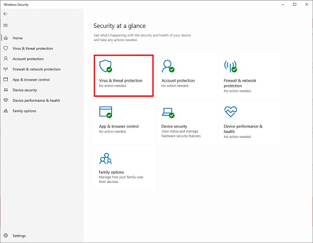 Click chọn vào mục Virus & Threat Protection trong mục Windows Security