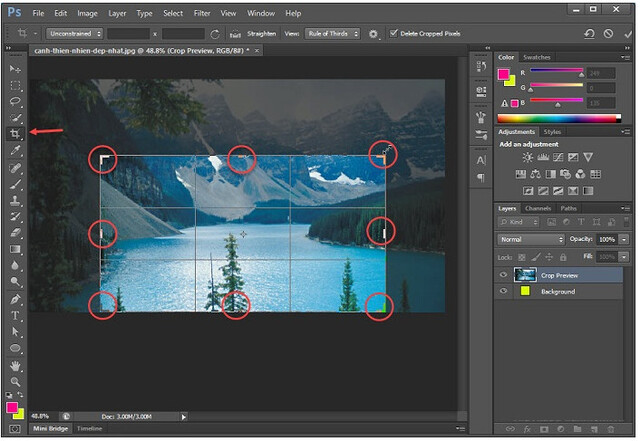 Chọn mục Crop trên thanh công cụ Tools sau đó giữ chuột và và di chuyển vùng mà bạn muốn cắt