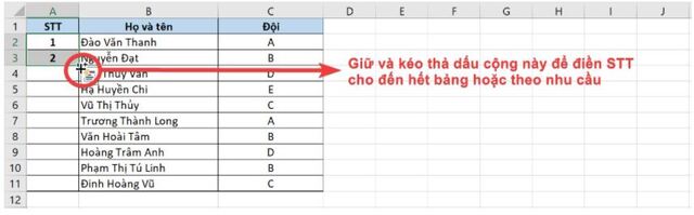 Đưa chuột đến “+” ở góc dưới phía bên phải của ô chứa số 2, nhấn giữ cho đến hết ô muốn đánh số