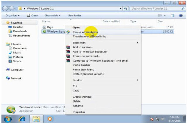 Giải nén file sau đó tiến hành chạy file có tên Windows Loader.exe cùng với Run as administrator (quyền admin)