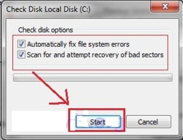 Đánh dấu vào 2 mục Automatically fix file system errors và mục Scan for and attempt recovery of bad sectors