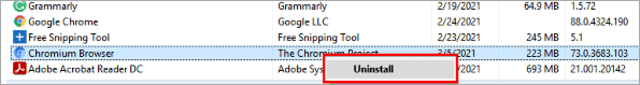 Nhấn chọn Uninstall để gỡ cài đặt và thực hiện xóa Chromium