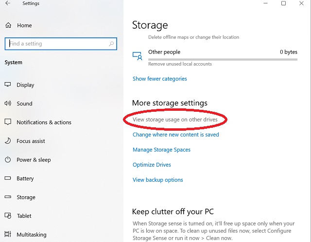 Nhấn vào View storage usage on other drives