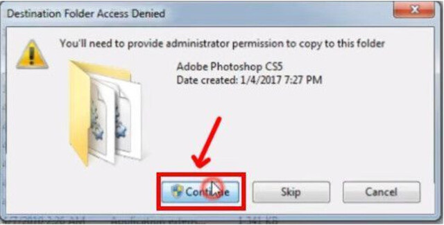 Nhấn vào mục “Continue” nhằm giúp file cũ được thay thế và kết thúc thao tác cài đặt Photoshop CS5