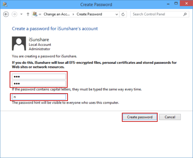Nhập mật khẩu mới, nhập lại, nhập gợi ý mật khẩu và nhấp vào Create password