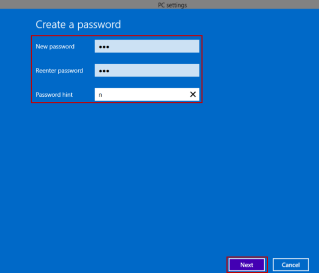 Nhập mật khẩu mới, nhập lại, nhập gợi ý mật khẩu và nhấp vào Next