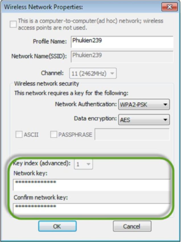Nhập mật khẩu wifi trong phần Network key và phần Confirm network key