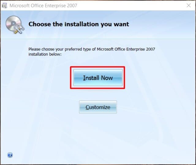 Nhấp vào nút Install Now sẽ bắt đầu cài đặt Office 2007 trên ổ Windows