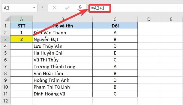 Nhập công thức vào = ô vừa nhập số thứ tự + x và x chính là khoảng cách liên tiếp nhau của 2 số thứ tự