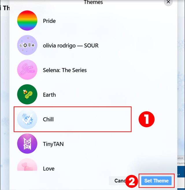 Nhấn vào mục Set Theme để thực hiện cách thay đổi hình nền trong tin nhắn Messenger