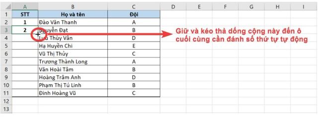 Di chuyển xuống dấu “+” ở bên phải góc dưới ô nhập xong công thức đi cho đến hết bảng cần đánh số