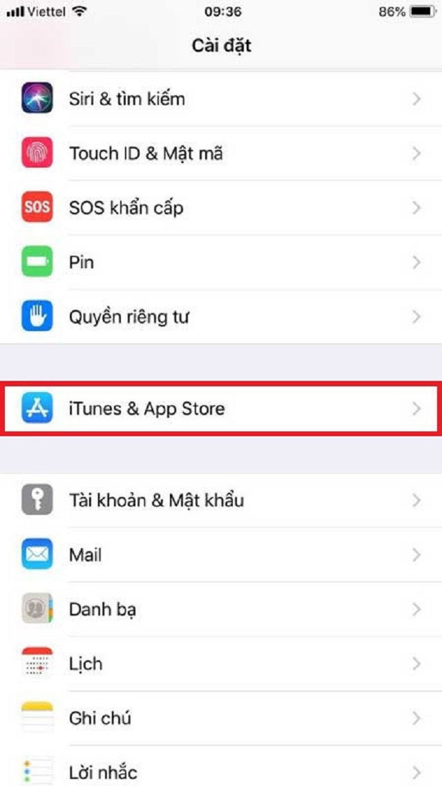 Tìm kiếm và nhấn vào iTunes & App Store trong mục Settings