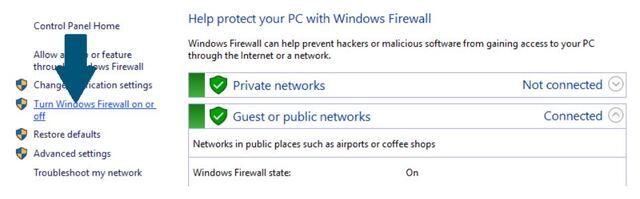 Tìm trong mục này và chọn Turn Windows Firewall on or off