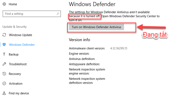 Windows Defender đã ở chế độ tắt