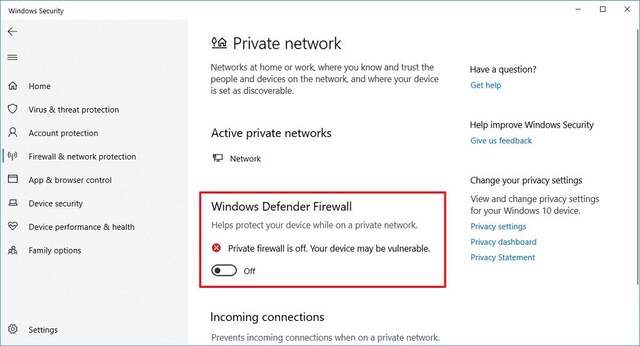 Windows Security vô hiệu hóa tường lửa của Bộ bảo vệ Windows