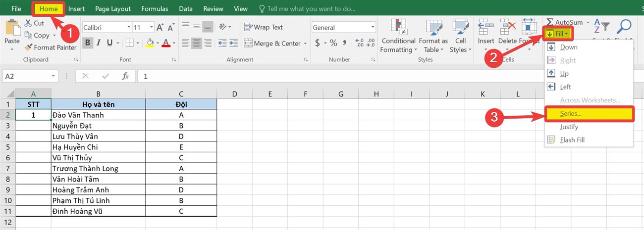 Auto Fill - cách đánh số thứ tự cột trong excel 2010