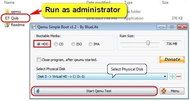 Mở phần mềm QEMU Simple Boot lên sau đó nhấn Start Qemu Test