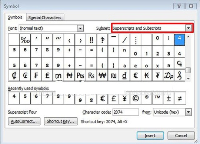 Tìm đến ký tự số mũ phù hợp và chọn Insert