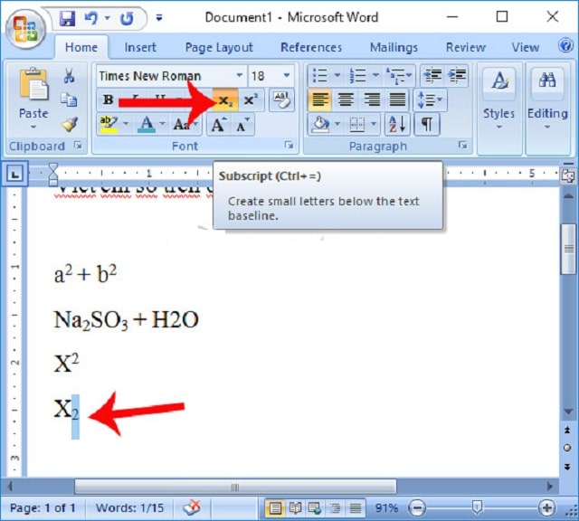 Viết chỉ số dưới trong Word bằng thanh công cụ