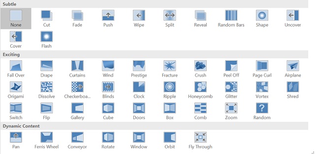 Bấm vào mũi tên bên phải hộp thoại Transition to this slide để hiện hiệu ứng