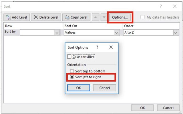 Nhấn chọn vào mục Option rồi nhấn chọn vào mục Sort Left to right sau đó bấm OK