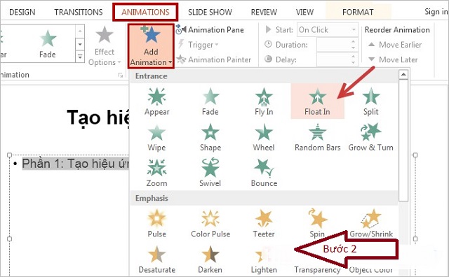 Bước 2: Bạn đến tab animations tại Ribbon