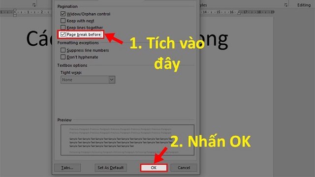 Chọn nút lệnh “Page break before”