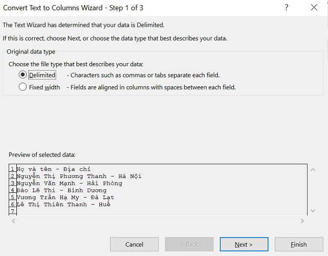 Cửa sổ Convert Text to Columns Wizard