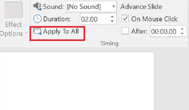 Hãy chọn Apply to all để đặt hiệu ứng giống nhau cho toàn bộ slide