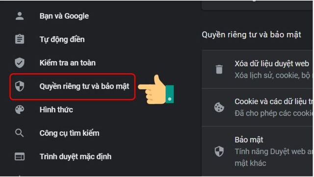 Nhấn chọn vào mục quyền riêng tư và bảo mật