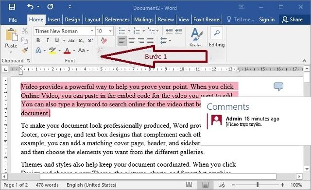Bước 1: Thực hiện việc bôi đen đoạn văn muốn comment