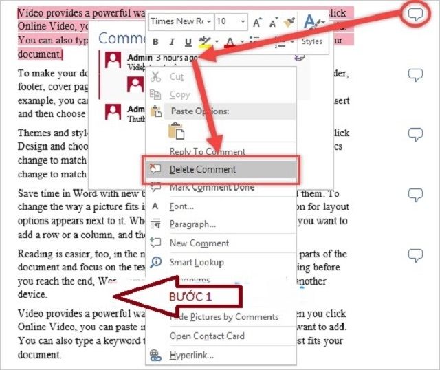 Bước 1: Thực hiện việc click vào đoạn văn muốn xóa comment