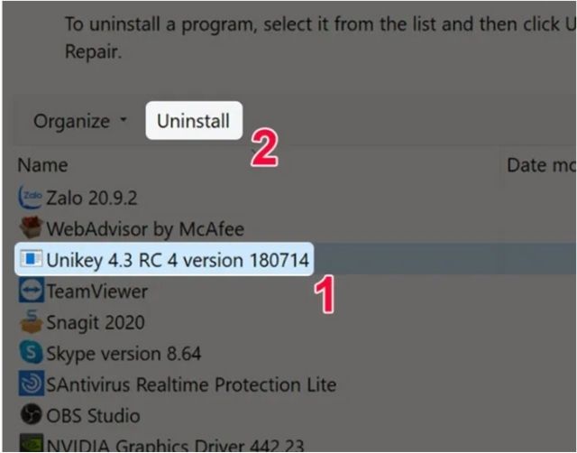 Bước 5: Nhấn chọn vào ứng dụng Unikey và chọn vào Uninstal