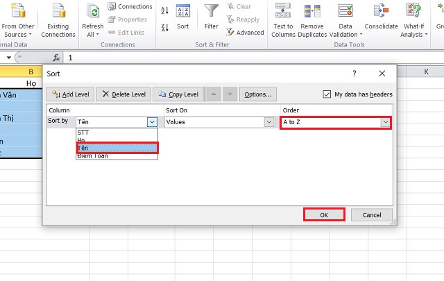 Cách xếp thứ tự abc trong Excel đơn giản