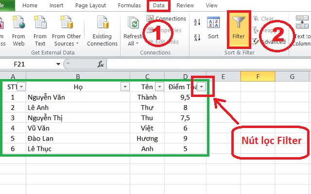 Cách xếp thứ tự trong Excel bằng Filter
