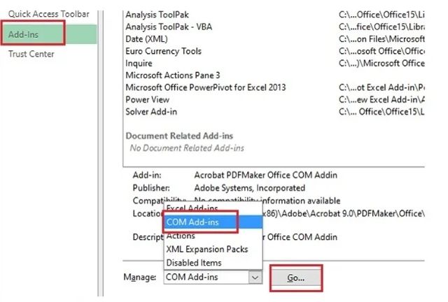 Chọn COM - Add - ins và nhấp chọn Go