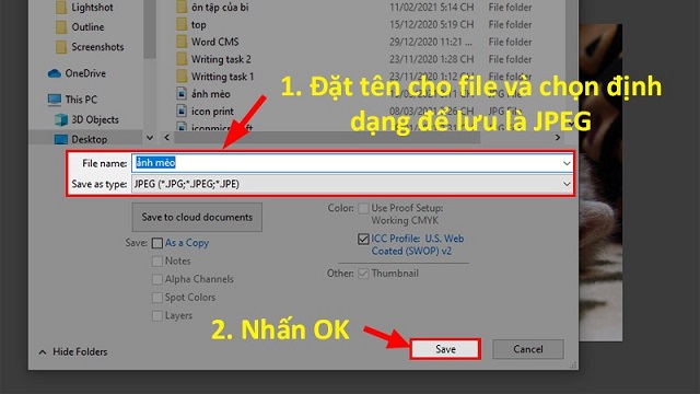 Chọn định dạng JPEG cho file ảnh