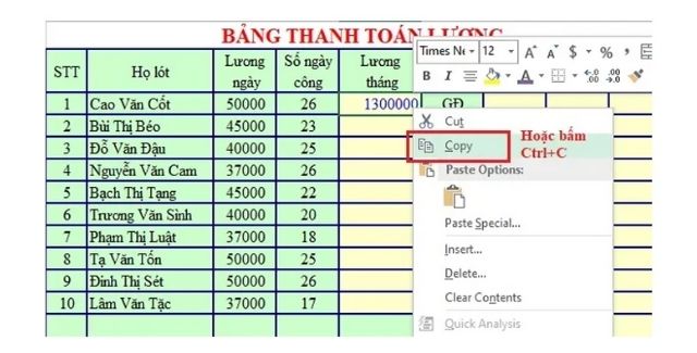 Click chuột phải chọn copy hoặc dùng phím Ctrl C