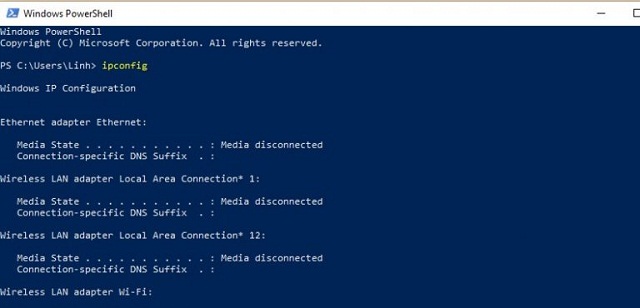 Nhập lệnh IPconfig tại cửa sổ Windows PowerShell