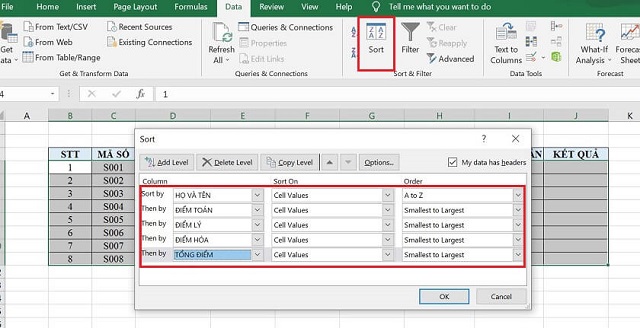 Thực hiện thiết lập sắp xếp thứ tự trong bảng Sort