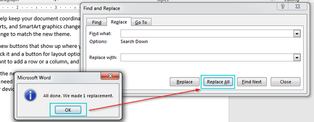 Nhấn chọn vào Replace All rồi nhấn vào Ok và nhấn chọn Replace All 