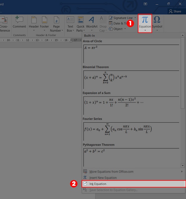 Nhấn vào mục Insert /Chọn Equation / Chọn Ink Equation