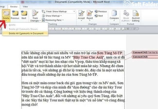 Cách xóa một comment trên word